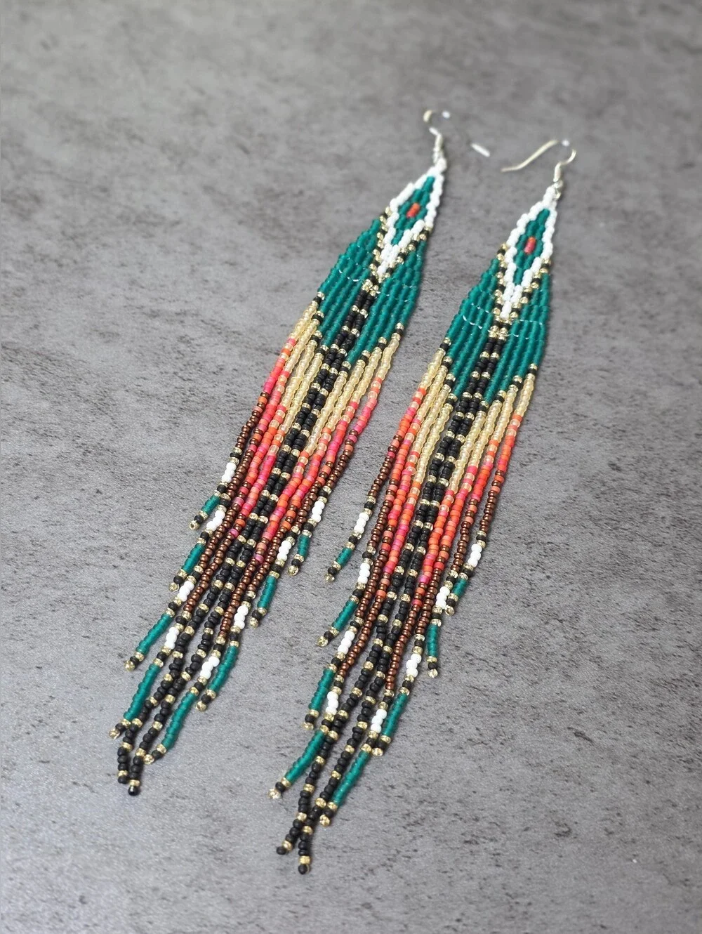 Retro Luxe Boho Fringe Beaded Long Earrings Handmade Southwestern Jewelry